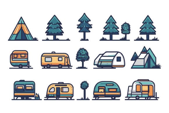 Camper, Tent, Forest, Trees: Versatile Outdoor Illustrations