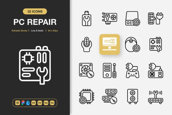PC Repair Icons for Modern Visual Design